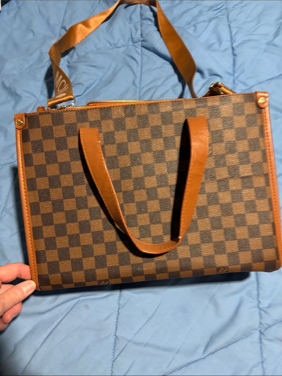 Handbags - Brown Checkered Tote Bag with Tan Trim